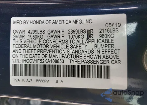 2019 Honda Accord Exl из США, поврежденный, VIN 1HGCV1F52KA108853